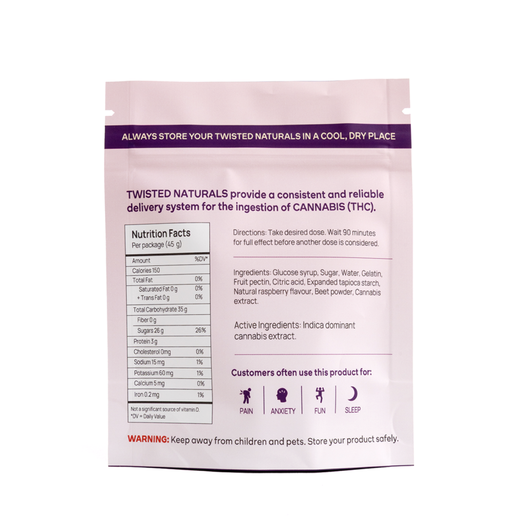 Twisted Naturals – Raspberry Bliss Twisted Naturals Gummies (200mg THC, Indica) - Image 2